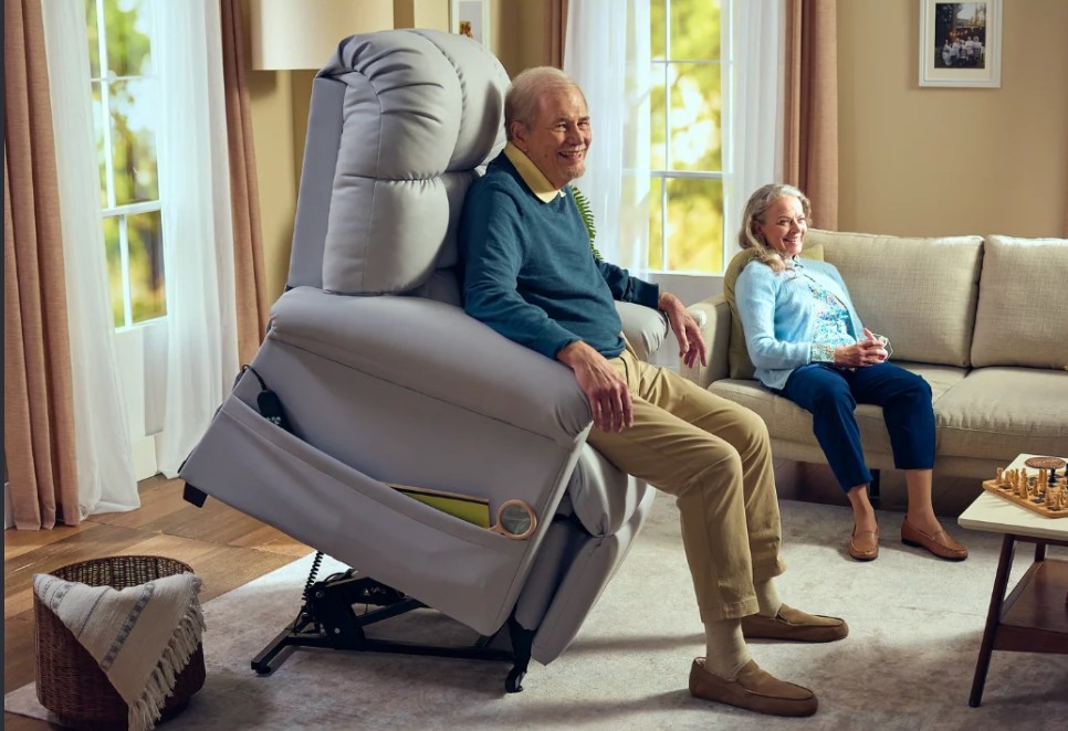 Man using a medical-grade lift chair to stand safely at home